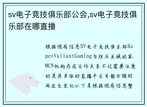 sv电子竞技俱乐部公会,sv电子竞技俱乐部在哪直播